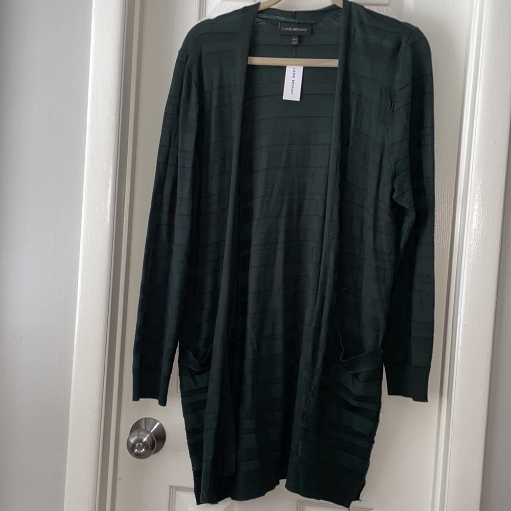 Lane Bryant dark hunter green striped lightweight long cardigan sweater 10/12